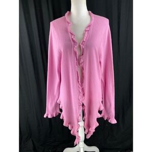 Investments Cashmere Cardigan Sweater Open Front Ruffle Pink L/XL Bubble Gum